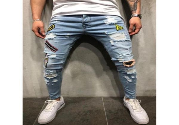 

men stretchy jeans ripped skinny biker jeans destroyed taped slim denim pants ca2393943, Blue