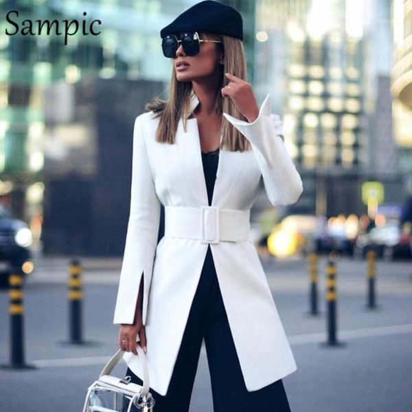 

sampic fashion turn down colllar women casual loose autumn oversized sashes blazer dress jacket long sleeve white blazers14250739, White;black