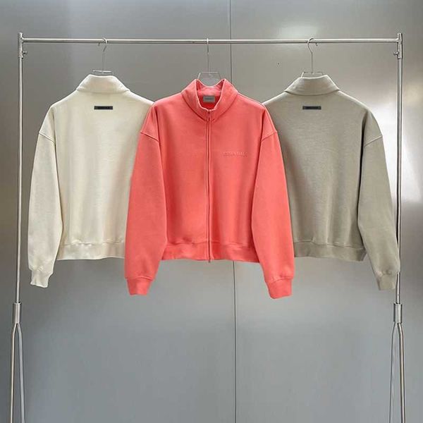 

fw23 new essentils stand collar zip sweatshirts flocking print letter hip hop oversized loose sweatshirt, Black