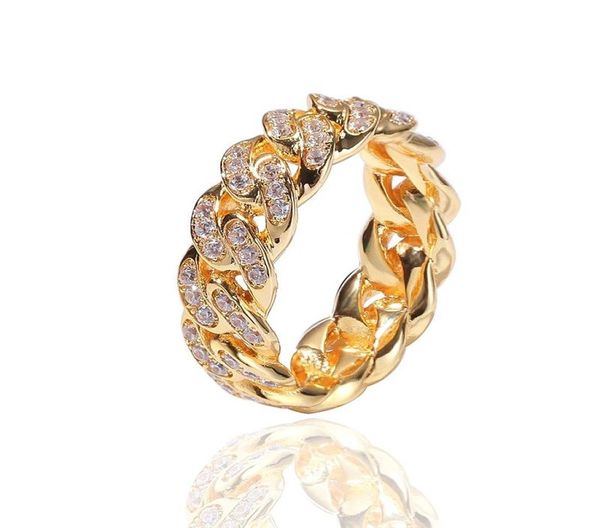 

trendy hip hop rock ring men luxury zircon gold rhinestone cuban chain iced out women exquisite gift jewelry cluster rings1720209, Golden;silver
