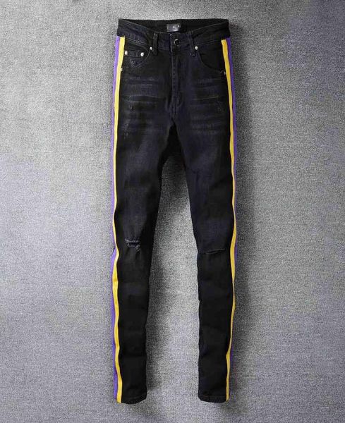 

streetwear yellow purple striped jeans men black slim ripped fashion brand jeans pants casual hip dance four season pants3421220, Blue