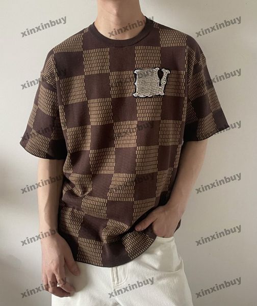 

xinxinbuy men designer knitted tee t shirt 23ss paris knitted plaid jacquard letter short sleeve cotton women white blue green xs-xl, Black;brown