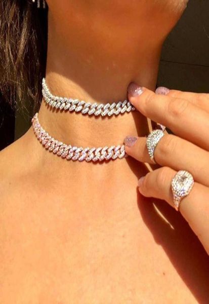 

chains iced out hiphip bling 5a cubic zirconia paved miami cuban link chain choker necklaces for women fashion adjustable party je9758407, Silver
