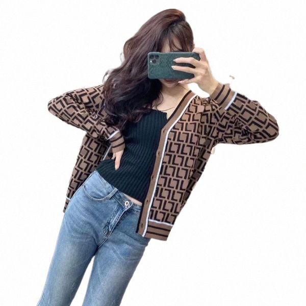 

knitted cardigan sweater double f letter tees jacquard temperament v-neck thin knit jacket for men and women of the same style 50eg#, Black