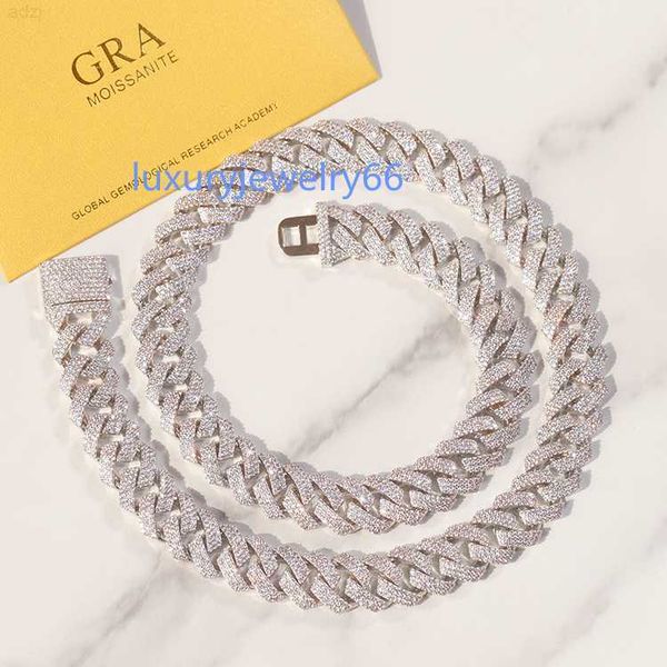 

miami style 15mm 20m chain gold plated sterling silver 3rows vvs d color moissanite diamond cuban chain for hiphop jewelry
