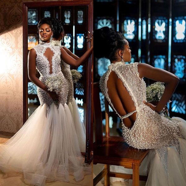 

elegant lace mermaid wedding dress classic high neck pearls saudi arabic sleeveless bridal gown custom made vestido de novia, White
