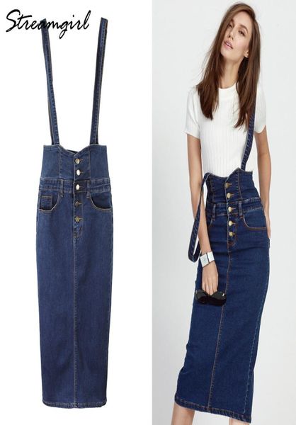 

long denim skirt with straps women button jeans skirts plus size high waist skirt1147034, Black