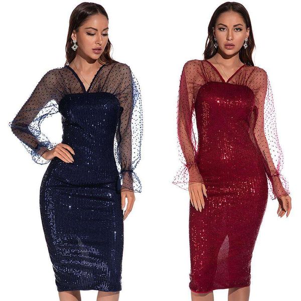

l size womens dress v neck mesh long sleeved sequined split, Black;gray
