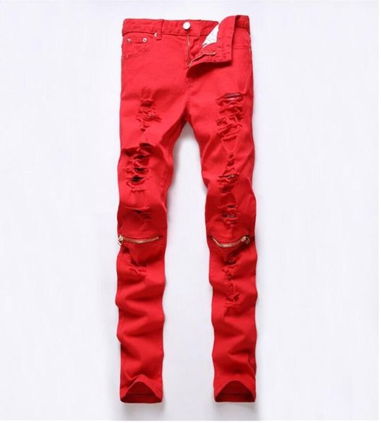 

2016 new red ripped knee hole club jeans men famous brand slim fit cut destroyed torn jean pants for male homme1392276, Blue