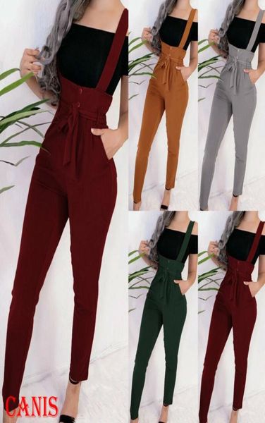 

women039s pants capris pocket high waist belt jumpsuit overall long trousers autumn solid with strap bodysuit7061068, Black;white