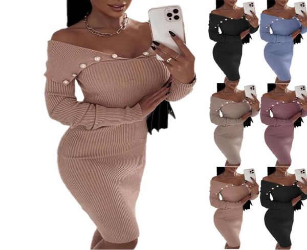 

ladies casual dress autumn winter women long sleeve vneck slimcut knittedd midiskirt middle waist pullover offshoulder pencil 9411636, Black;gray