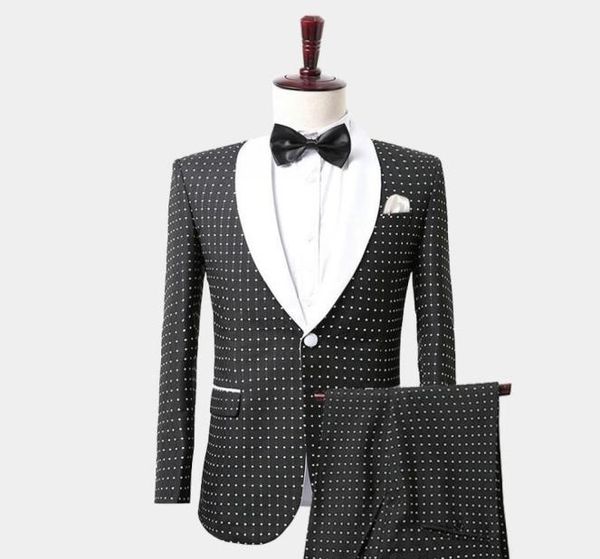 

fashion gentleman black white polka dot tuxedo suit with shawl lapel mens suits custom made wedding tuxedos jacket pants vest sl6824547, Black;gray