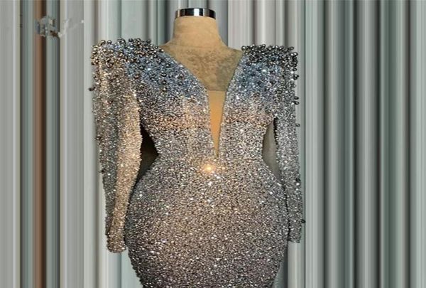 

glitter silver mermaid formal evening dresses for arabic women deep v neck long sleeves beaded crystals prom occasion gowns v6847389, Black;red