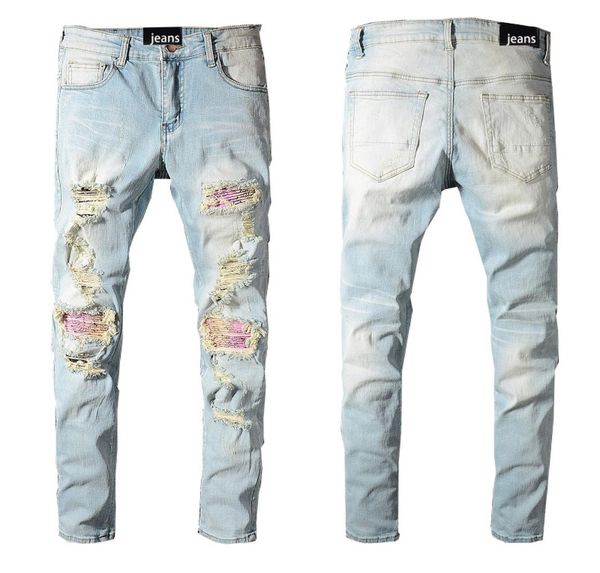 

men039s jeans high street hipster light colored patchwork beggar pants slim9028498, Blue