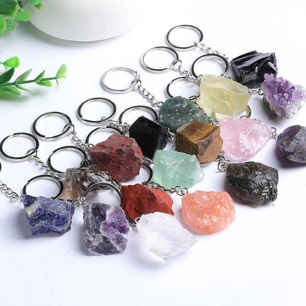 

natural raw stone fluorite amethyst key rings keychains car decor key chain keyholder, Slivery;golden