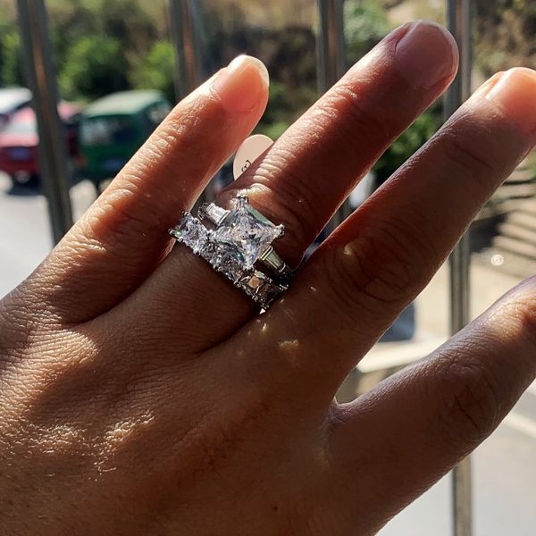 

wedding rings size 510 2pcs couple rings luxury jewelry 925 sterling silver princess cut large white z cz diamond women bridal ring set 2308, Slivery;golden