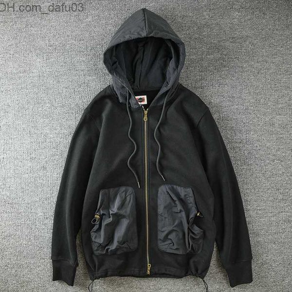 

men's hoodies sweatshirts new autumn and winter japanese trend design with velvet hooded sweater men's sewing fabric zipper open z, Black