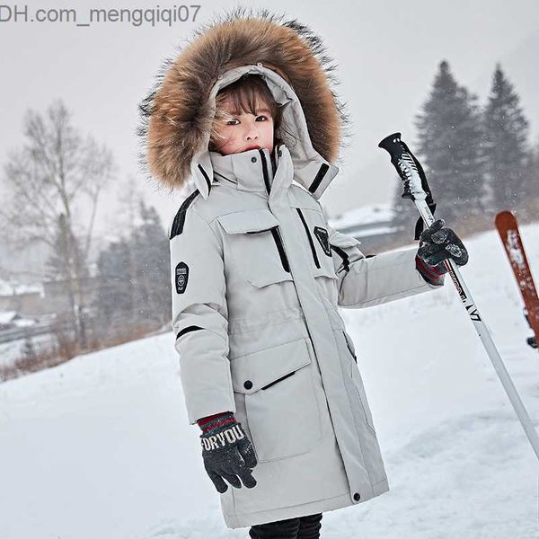 

down coat olekid-30 russian winter boys' down jacket hooded fur collar girls' winter coat 5-14 year old children's snow coat, Blue;gray