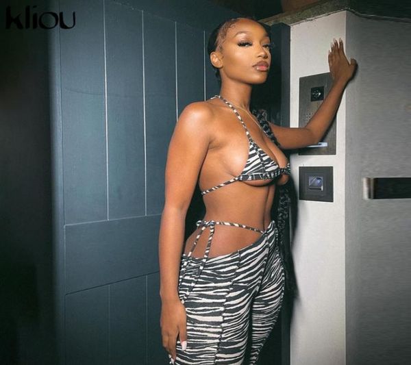 

kliou zebra pattern print matching sets women sleeveless backless halter and bandage pants two piece outfits 2203084777434, White