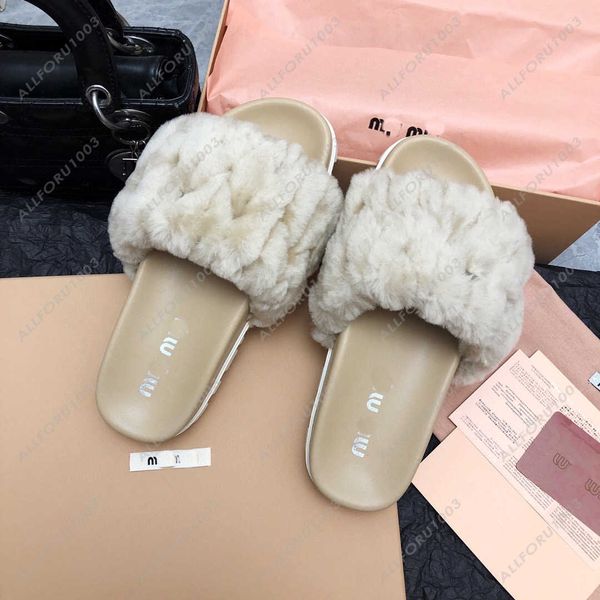 

miu designer luxury slides men women slippers ladies wool winter fur fluffy furry warm letters sandals comfortable fuzzy girl flip flop slip, Black