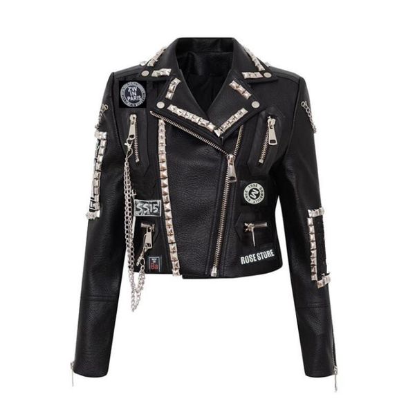 

leather jacket women print rivet biker jackets and coats punk streetwear ladies short jacekt outerwear clothes w12115718825, Black