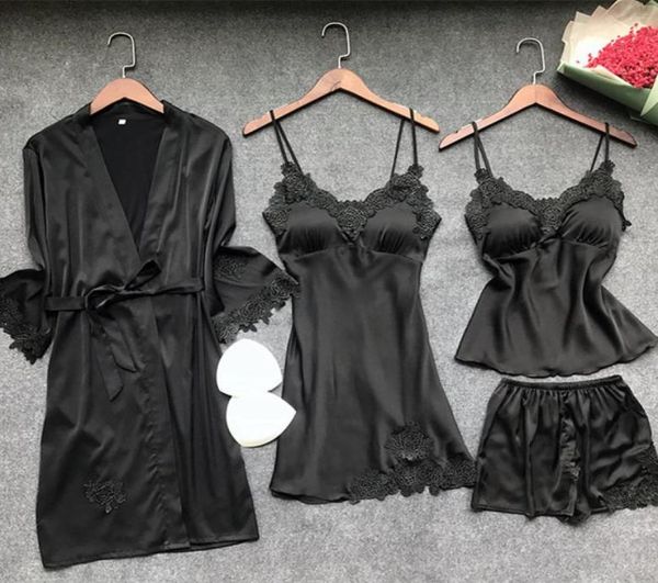

4pcslot women039s robe gown sets lace bathrobe night dress sleepwear womens sleep set faux silk robe femme lingerie s5299581, Black;red