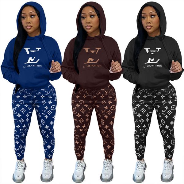 

2023 brand women letter tracksuits fall winter hooded two piece sets long sleeve hoodies+pants pullover sports suit fashion outfits solid co, Gray