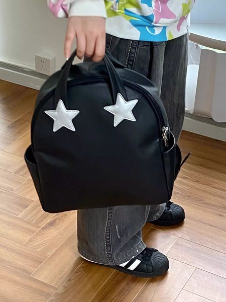 

school bags y2k fashion large capacity backpacks casual black pu leather tote bag for women japanese street star school bookbag 230803