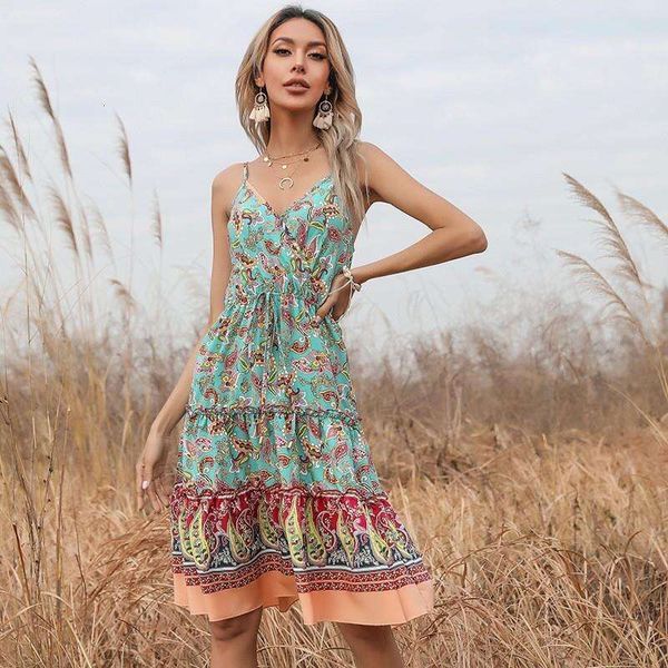 

summer ethnic style floral dress bohemian heart collar for women, Black;gray