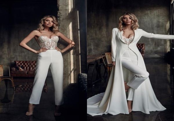 

bohemian jumpsuits wedding dresses with jacket sweetheart lace appliqued bridal gowns custom made pants wedding dress6355309, White