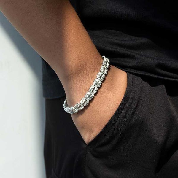 

iced out mens bracelet chain 10k 14k gold plated 9mm baguette vvs moissanite hiphop tennis bracelet, Silver