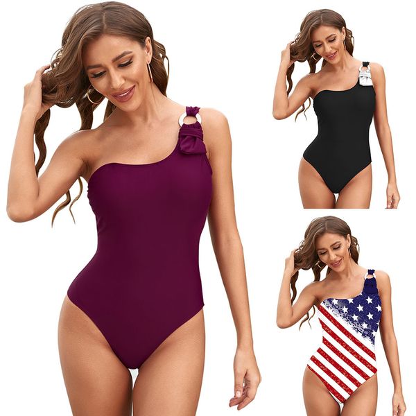 

lady usa flag one piece swimwear women solid color monokini female one shoulder swim wear water sports gear mermaid beachwear