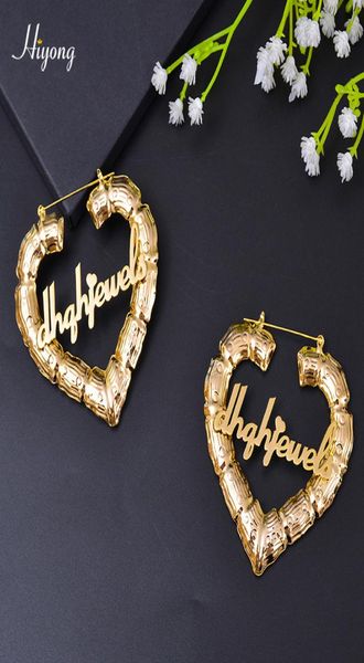 

7090mm custom earrings love shape hiphop bamboo hoop earrings customizable heart customize name earrings for women girls 2103231205437, Golden;silver