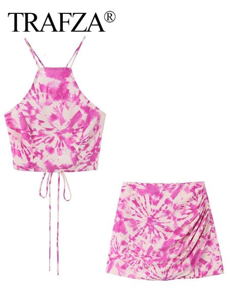 

women's two piece pants trafza women's pink floral suspender sleeveless 2k cute folds culottes print elegant two piece sets outfit, White