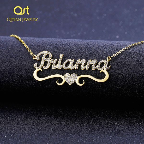 

pendant necklaces qitian heart with personalized name necklace for women custom gold stainless steel blingbling pendant custom iced out neck, Silver