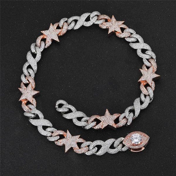 

hip hop iced out clavicle chain eyes cuban chain two tone electroplated five-pointed star cuban chain zircon necklace for men and women, Silver