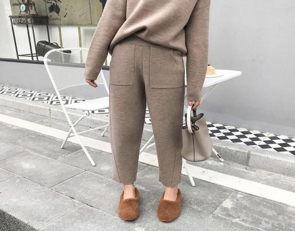 

women039s two piece pants women autumn winter knitted sweater 2 set casual tracksuit round collar jumpers with high waist wide 3316212, White