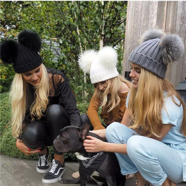 

wide brim hats bucket double natural pom poms hat girls boys winter warm fur pompom ball knitted beanies hat skullies cotton bonnet 230803, Blue;gray