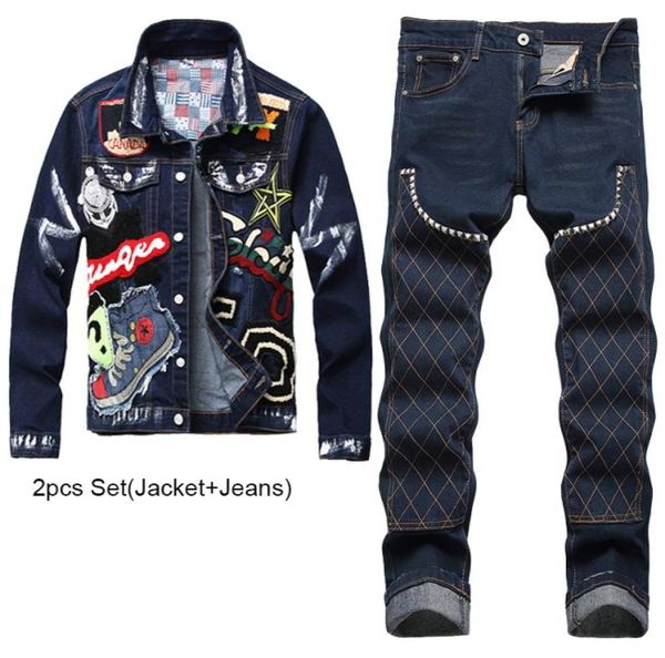 

fashion slim tracksuits dark blue men039s jacketjeans 2pcs sets spring autumn men039s embroidered denim cardigan and stretc6511043, Gray
