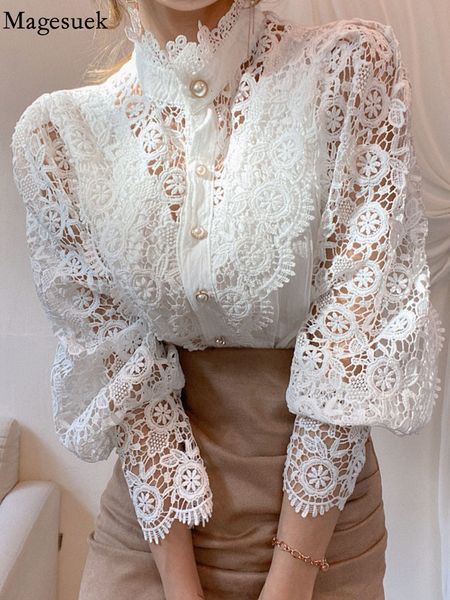 

women's blouses shirts petal sleeve stand collar hollow out flower lace patchwork shirt femme blusas all match women blouse button whit, White