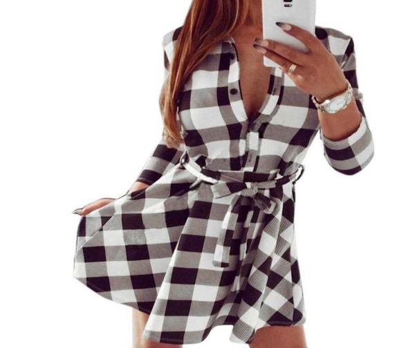 

2019 spring and autumn women casual dress plaid print shirt dress high waist casual slim vestidos with belt mini dress8339776, Black;gray