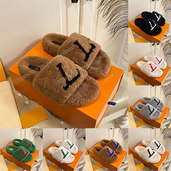 

light brown fluffy fuzzy fur slippers winter indoor house wool slides famous designer womens sandals green rose red pink beige brown furry s, Black