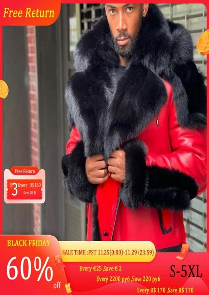 

men039s fur faux leather winter jacket thicken velvet collar hooded zipper color block patchwork fashion red men6068401, Black
