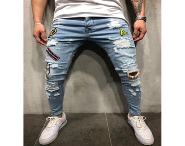 

men stretchy jeans ripped skinny biker jeans destroyed taped slim denim pants ca1197342, Blue