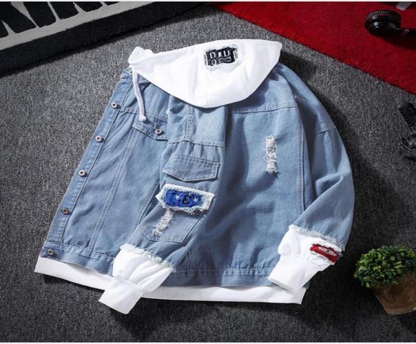 

men039s jackets 2021 red pink black jeans jacket men slim streetwear ripped denim hoodie hip hop bomber homme1850253, Black;brown