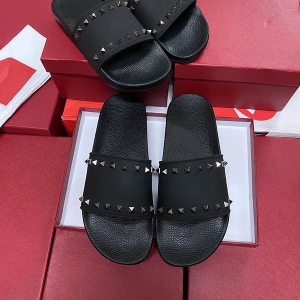

7a slide rubber studded slippers ladies flat base sandale genuine leather black slides womens sandal summer beach slipper loafer luxurys des