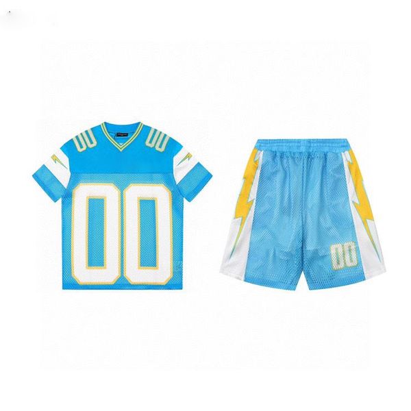 

23ss blue sporty hollow out breathable short sleeve and shorts set euro size, White;black