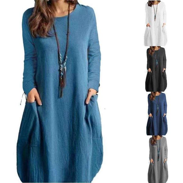 

autumn cotton and linen loose casual pure color pocket long sleeved dress for women, Black;gray