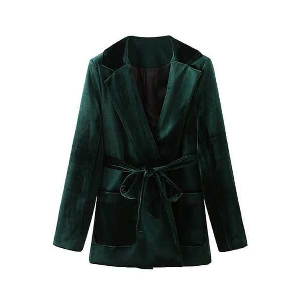 

elegant women dark green velvet blazers fashion ladies sashes cross coats streetwear female chic pocket jackets 2105273430297, White;black