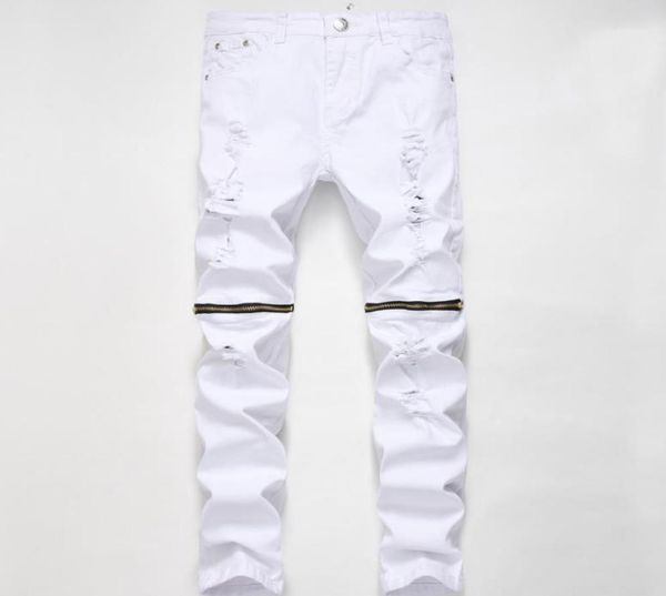 

men039s jeans high fashion brand stretch biker mens knee zipper up distressed ripped skinny slim fit denim pants3478805, Blue